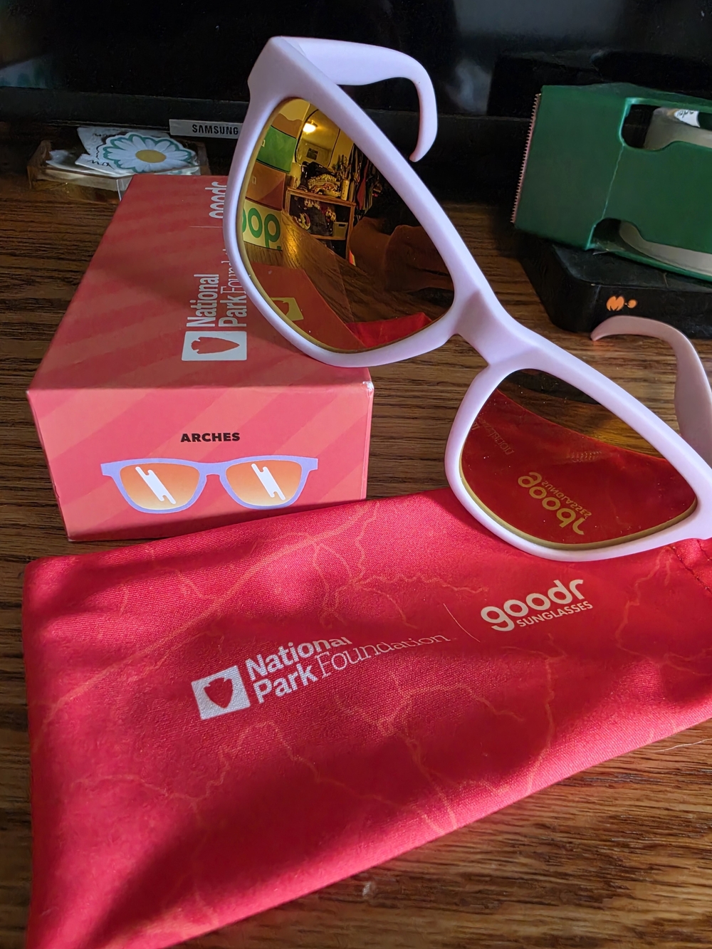 Goodr Women’s Light Pink Arches Sunglasses with Mirrored Gold Lenses